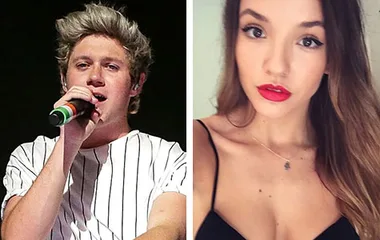 Two side-by-side images: a man singing onstage with a microphone on the left and a woman with red lipstick on the right.