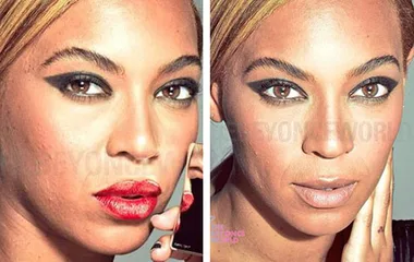 Two close-up unretouched photos of a woman with dramatic eye makeup and red lipstick.