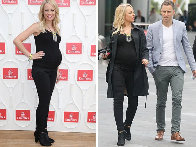 Pregnant woman in black outfit at an Emirates event and walking with a man in a casual suit outdoors.