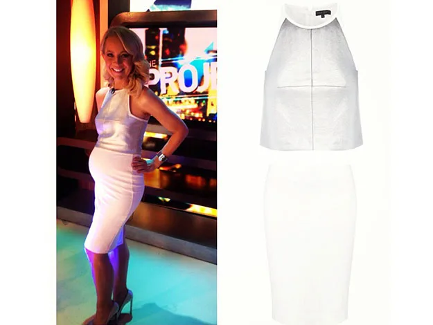 A woman in a white sleeveless dress poses on a TV set with the dress shown separately on the right.