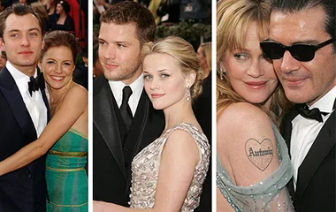 Couples posing at Oscars: smiling pairs in formal attire, woman with tattoo "Antonio" visible on arm.