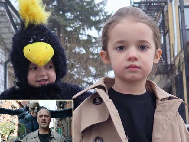 Two children in costumes; one dressed as a bird with a yellow beak, the other in a trench coat. Inset shows scene from a movie.