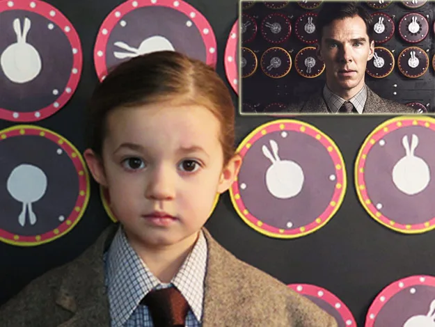 Child dressed as Sherlock Holmes against backdrop of clocks; inset shows adult in similar attire, also in front of clocks.