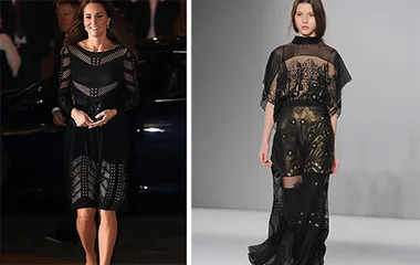 Duchess Catherine in a black lace dress on the left; model in a sheer black dress with gold details on the right.