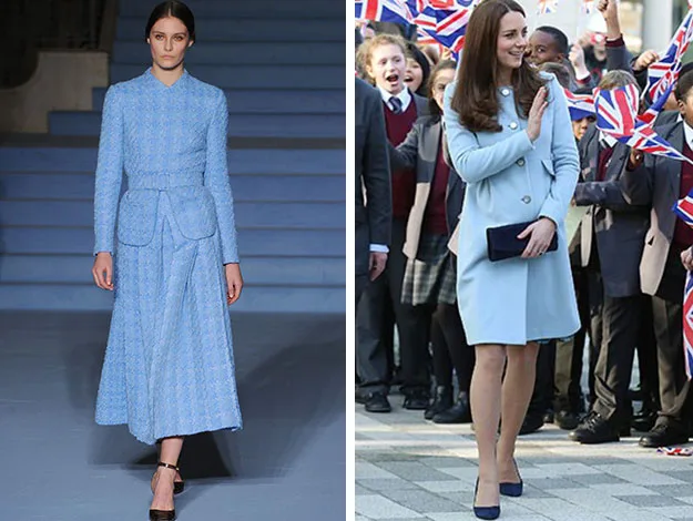 "Model in blue textured ensemble on runway; woman in similar coat waving to crowd holding Union Jacks."
