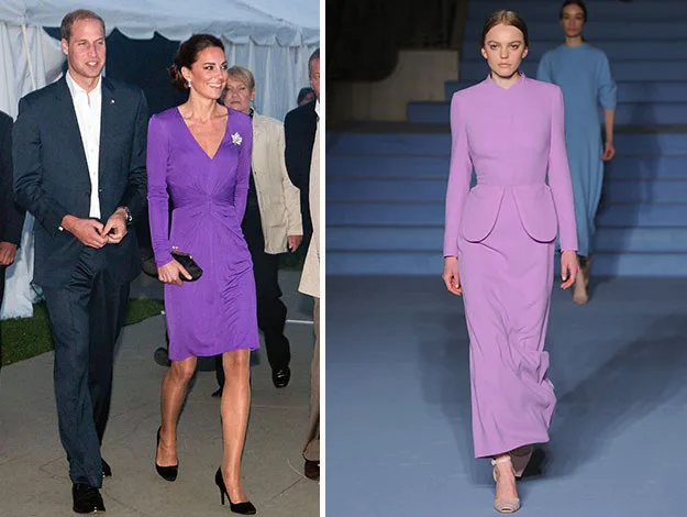 "Left: Woman in purple dress with man in suit. Right: Model in lavender long-sleeve gown on runway."