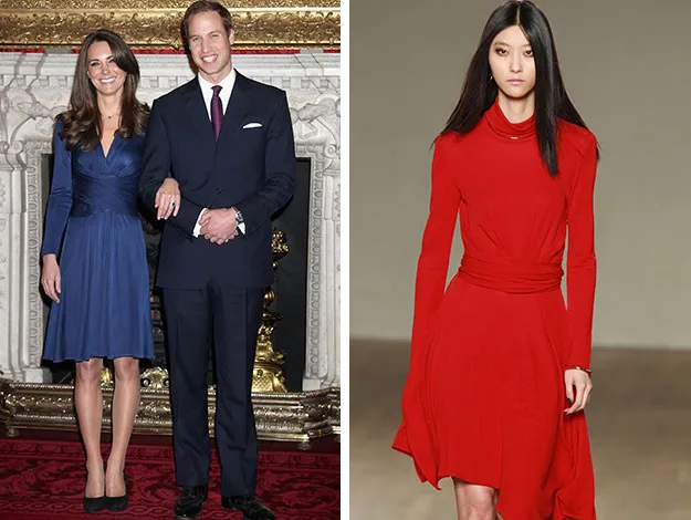 Two side-by-side images: Left shows a couple in formal attire; right shows a model in a red dress on a runway.