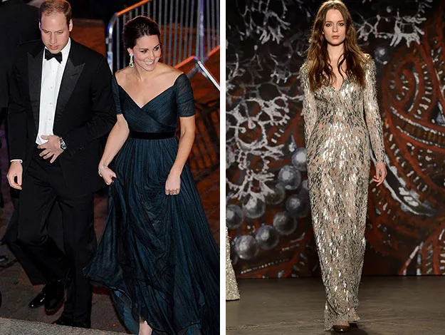 Two images: a couple in formal attire, and a model in a sequined gown on a runway.