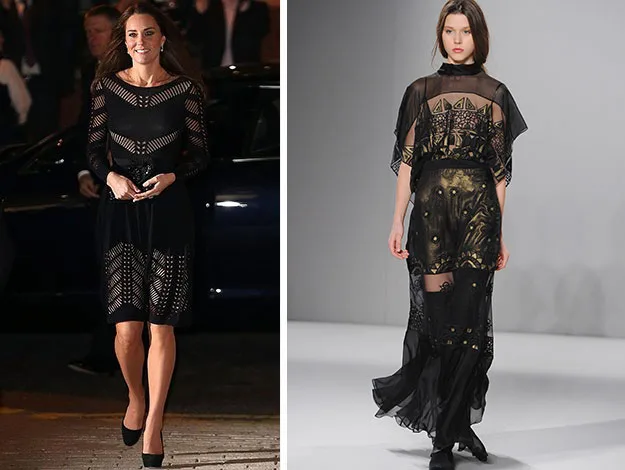 Women in black patterned dresses; one at a public event and one on a fashion runway.
