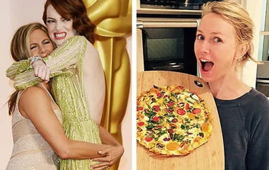 Two women embrace joyfully at the Oscars; another woman excitedly presents a freshly made pizza in a kitchen.