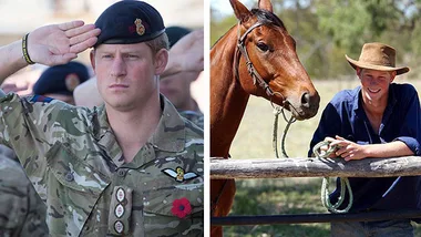 Soldier saluting in uniform; person in hat with horse at a fence in rural setting.