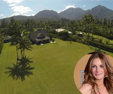 Aerial view of a Hawaiian property with mountains; inset of a woman smiling.
