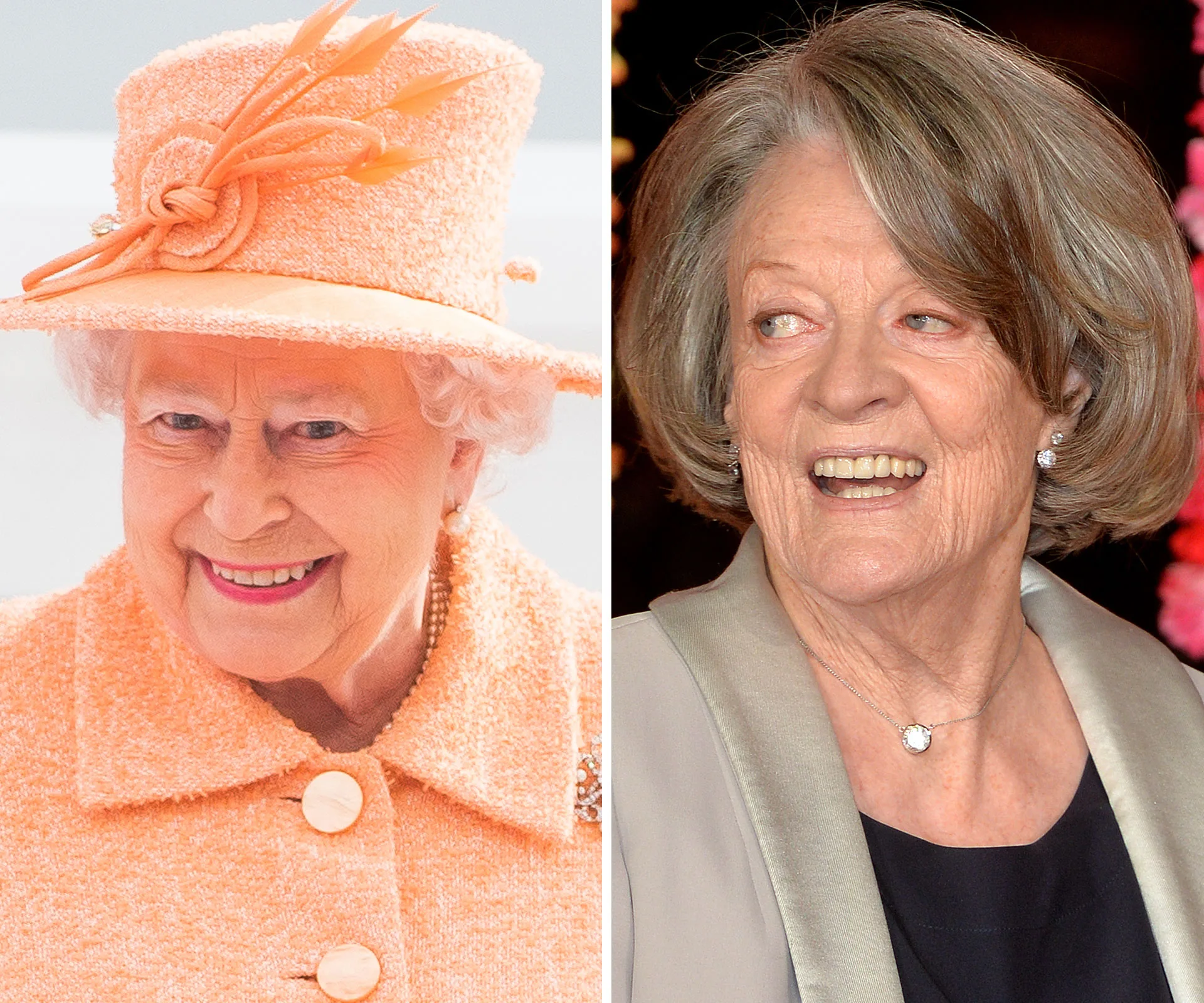 Two elderly women smiling, one in an orange outfit with a hat, the other in a formal suit with a necklace.