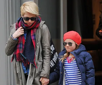 Woman in sunglasses and scarf holding hands with a young girl in a red hat and blue jacket, both wearing sunglasses.