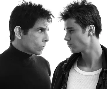 Two people, facing each other with intense expressions, in a black and white photo from "Zoolander 2".