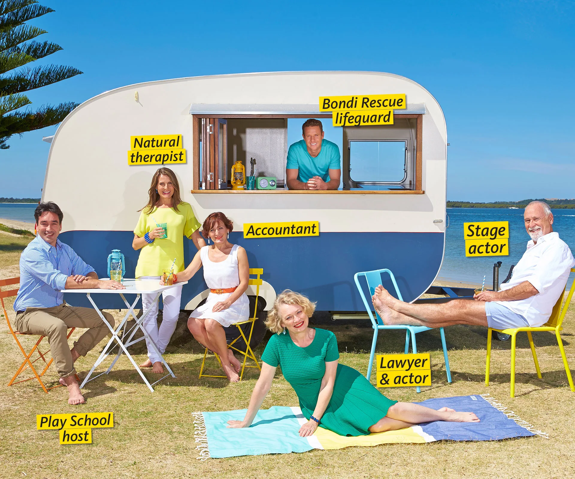 Group of six people relaxing outside a caravan by the sea, roles labeled: natural therapist, accountant, more.