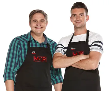 Two male contestants from "My Kitchen Rules" wearing aprons with team names "Will" and "Steve" from NSW.
