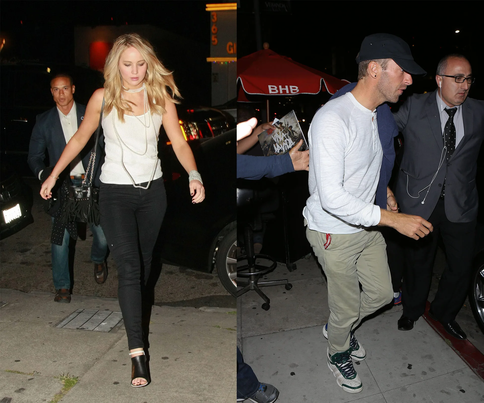 Jennifer Lawrence and Chris Martin at night, walking separately on a sidewalk with security personnel.
