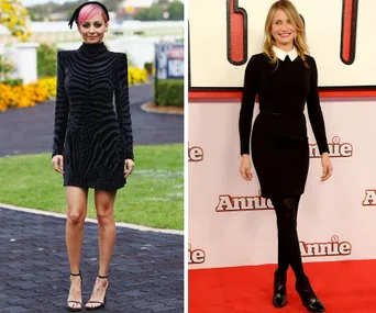 Nicole Richie in a black dress with pink hair on the left; Cameron Diaz in a black outfit on the right at an event.