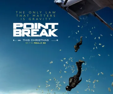 "Point Break remake poster with skydivers amid falling money, tagline 'The only law that matters is gravity.'"