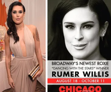Rumer Willis in a beige gown next to a black-and-white poster for her Broadway debut as Roxie Hart in "Chicago."