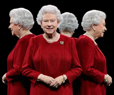 Portrait of a woman in a red dress with pearl necklace, showing her from multiple angles.