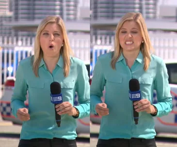 Journalist reacts in discomfort after being bitten by a bull ant during live TV broadcast.