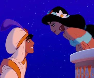 Aladdin and Jasmine sharing a moment under a starlit sky, classic Disney scene from "Aladdin".