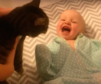Baby in polka-dot onesie laughing joyfully at a cat nearby.
