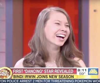 Bindi Irwin smiling on Good Morning America, announced as the first "Dancing with the Stars" contestant for the new season.