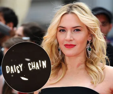 Kate Winslet at event, inset shows "Daisy Chain" text, related to her voice role in Australian anti-bullying film.