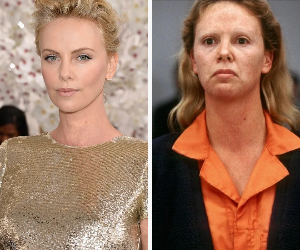 A dramatic transformation shows an actress with glamorous makeup beside her bare-faced character in "Monster."