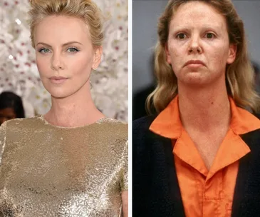A dramatic transformation shows an actress with glamorous makeup beside her bare-faced character in "Monster."