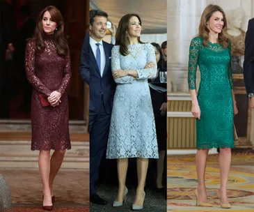 Royal women in elegant lace dresses: burgundy, pale blue, and emerald green.
