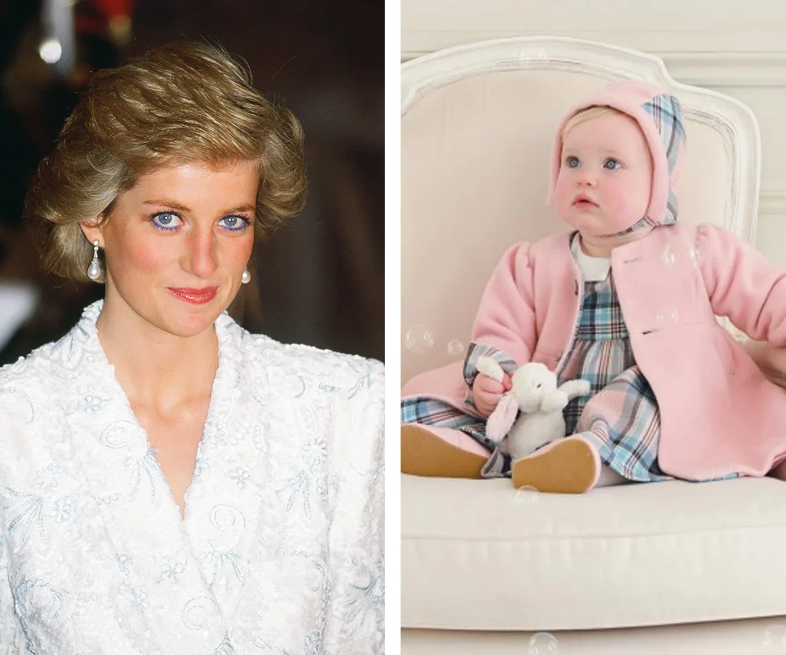 "Princess Diana in a white embroidered outfit beside a baby in a pink and plaid ensemble with a toy rabbit."