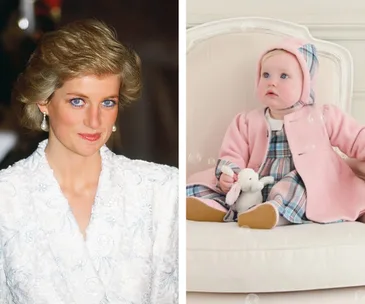 "Princess Diana in a white embroidered outfit beside a baby in a pink and plaid ensemble with a toy rabbit."