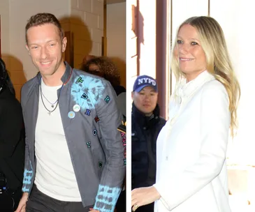 Gwyneth Paltrow in a white coat and a man in a colorful jacket are pictured separately in a split image.