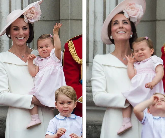 A woman in a hat holds a toddler in a pink dress, with a young boy in a blue-trimmed shirt nearby, all smiling.