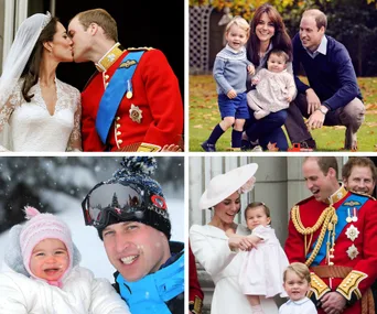 A collage of Prince William's family moments, including wedding, skiing, and posing with children.