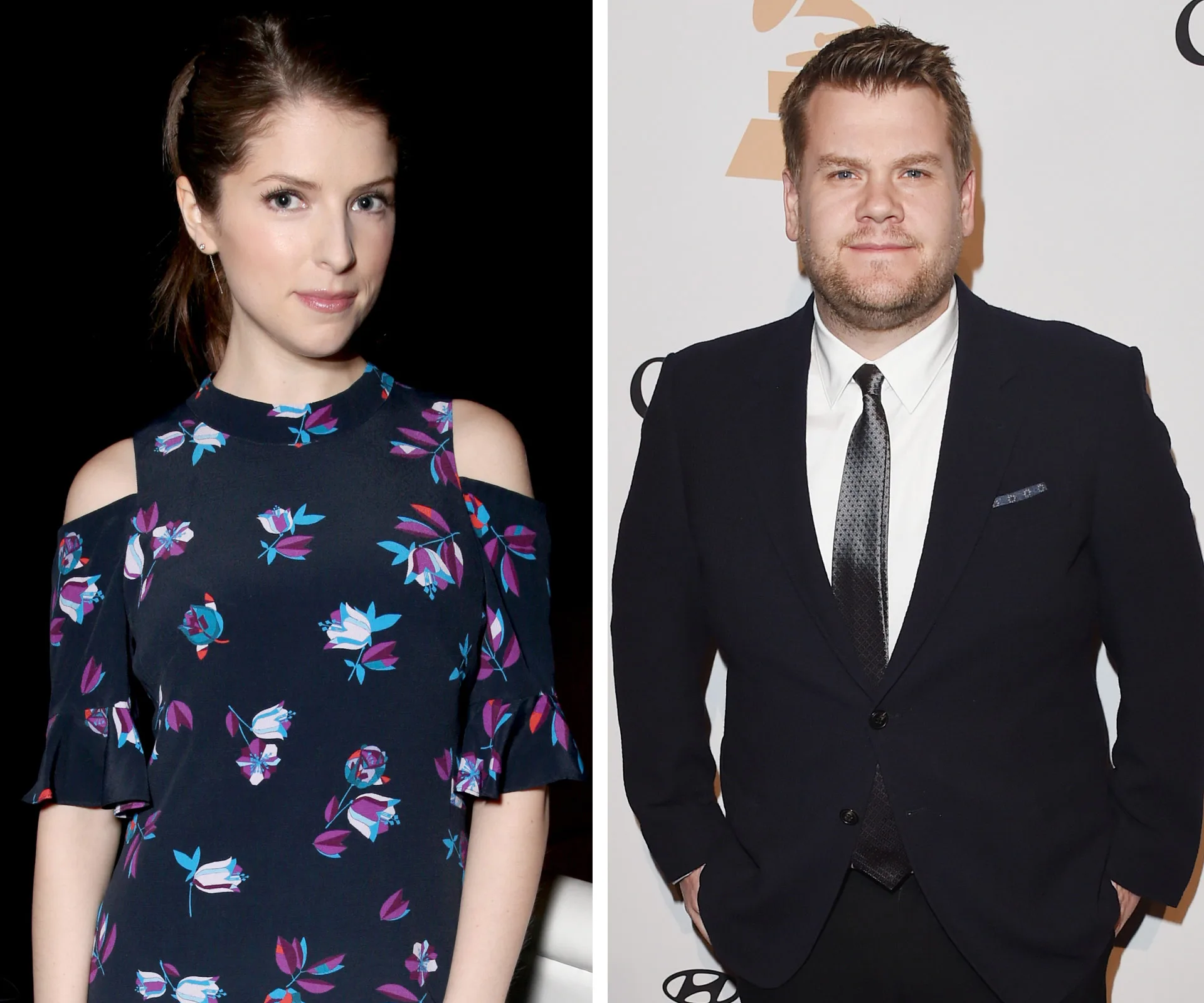 Anna Kendrick and James Corden side by side; she's in a floral dress, he's in a suit and tie, at a press event.