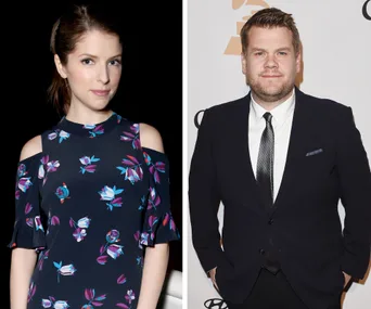 Anna Kendrick and James Corden side by side; she's in a floral dress, he's in a suit and tie, at a press event.