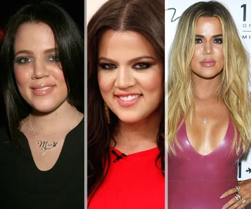 Khloé Kardashian's transformation shown in a three-panel image, highlighting changes over the years.