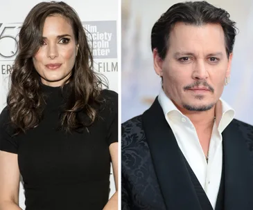 "Winona Ryder in black dress and man in black jacket with white shirt, posing separately against neutral backgrounds."