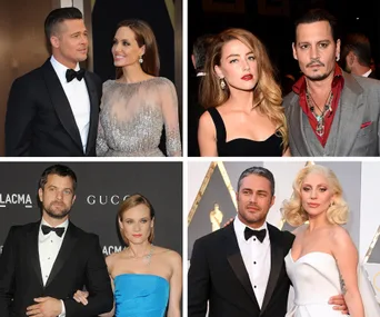 Images of celebrity couples at events, related to 2016 notable splits.