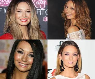 Four different hairstyles and looks displayed by a woman, showcasing hair transformations over time.
