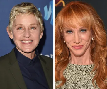 Ellen DeGeneres and Kathy Griffin smiling at separate events, shown side by side.