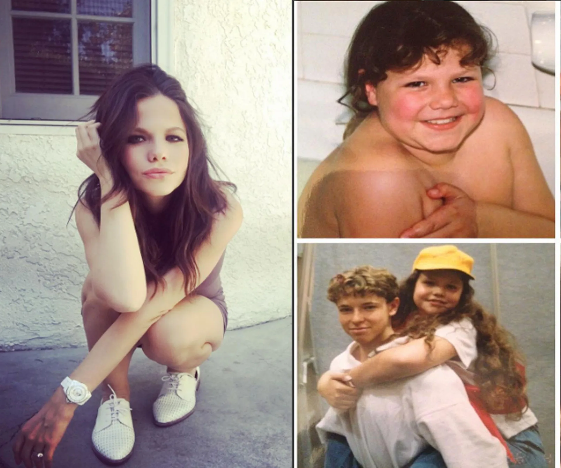 "Collage of a woman squatting outside and two childhood photos, one in a bathtub and another piggyback riding a boy."