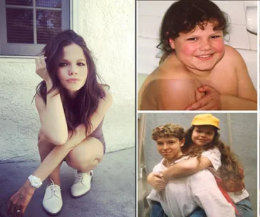 "Collage of a woman squatting outside and two childhood photos, one in a bathtub and another piggyback riding a boy."