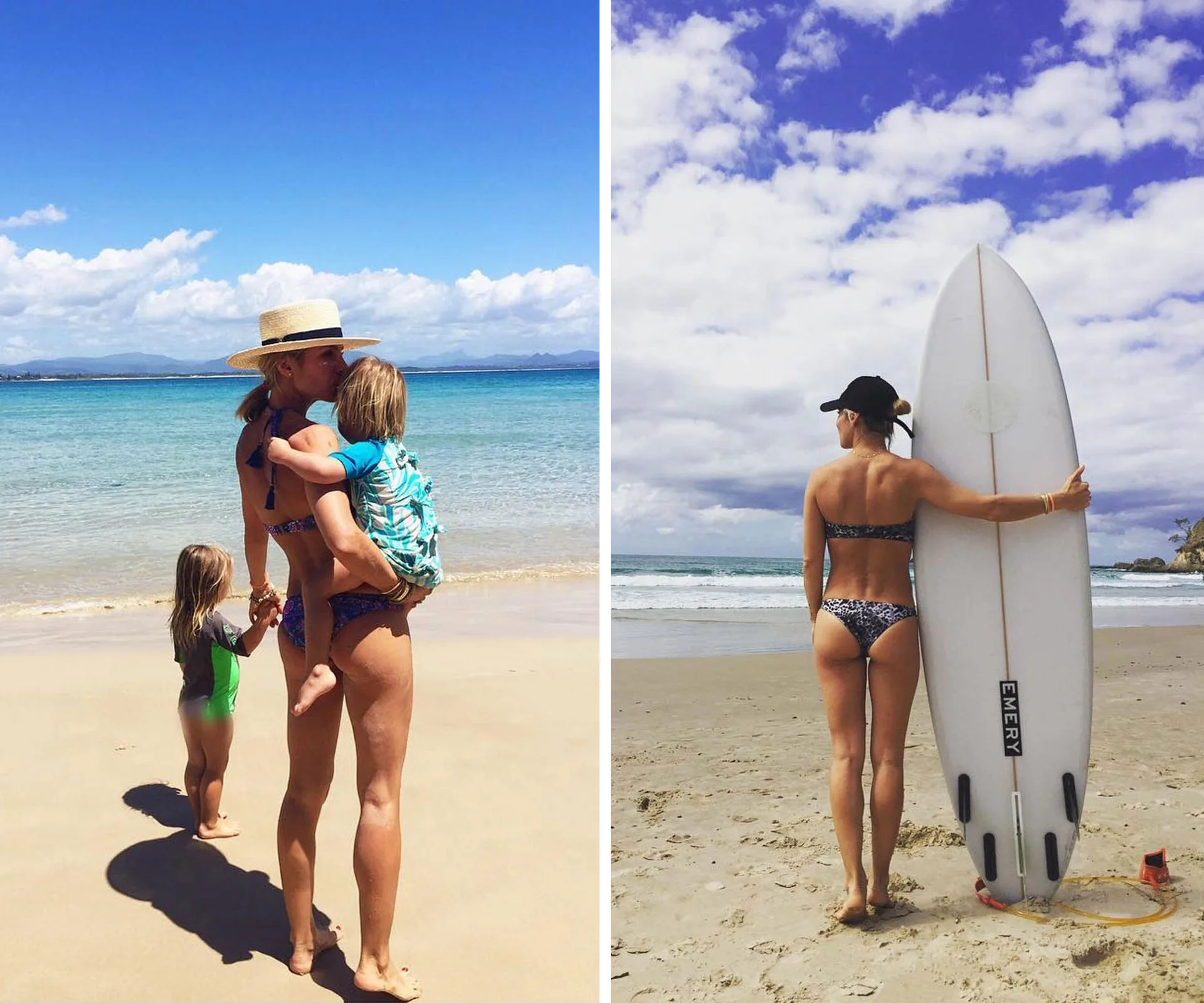 Two beach scenes: Left shows a woman with two kids by the sea. Right, a woman in a bikini holds a surfboard on the sand.