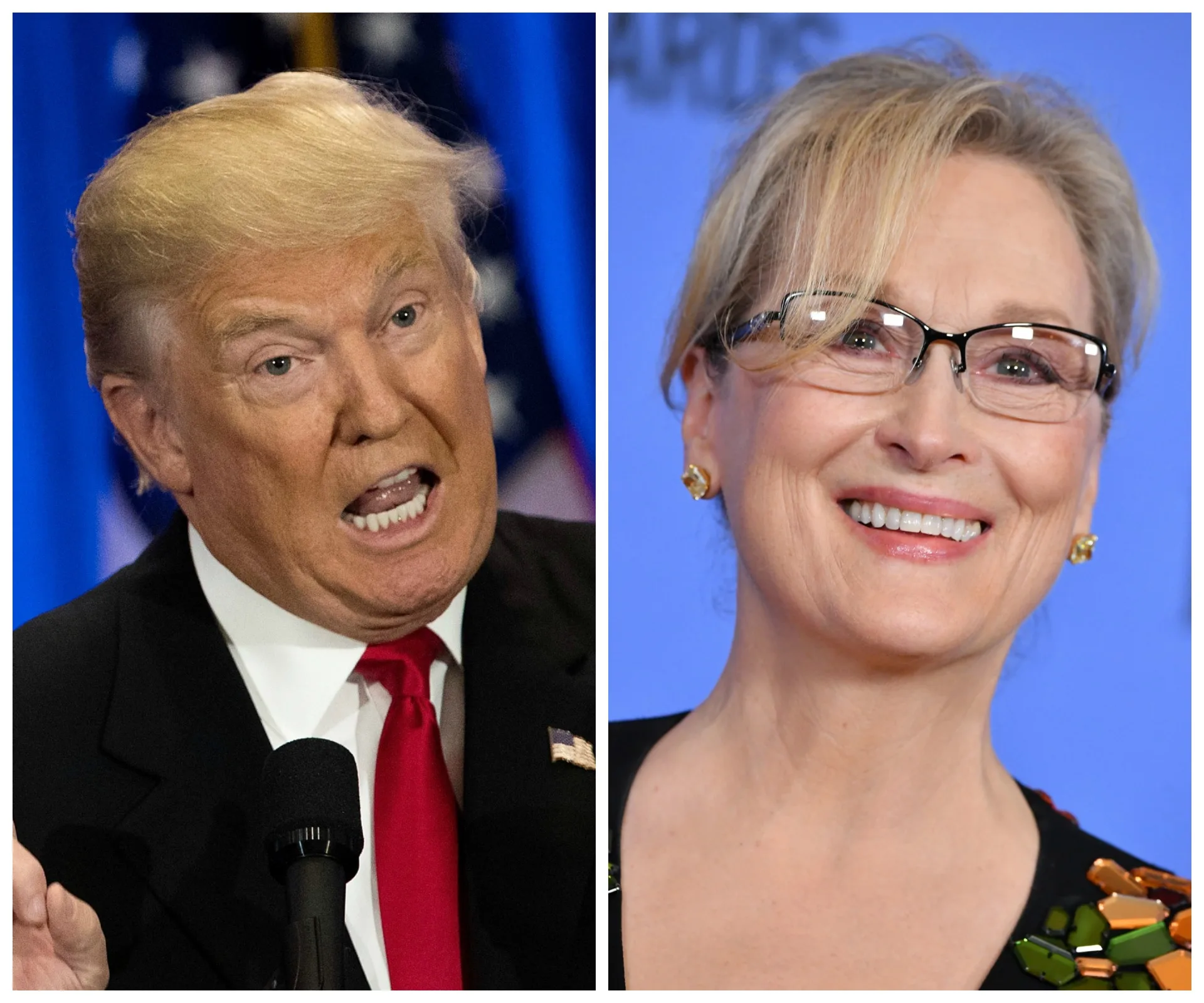 Donald Trump speaking at a podium; Meryl Streep smiling at an event.